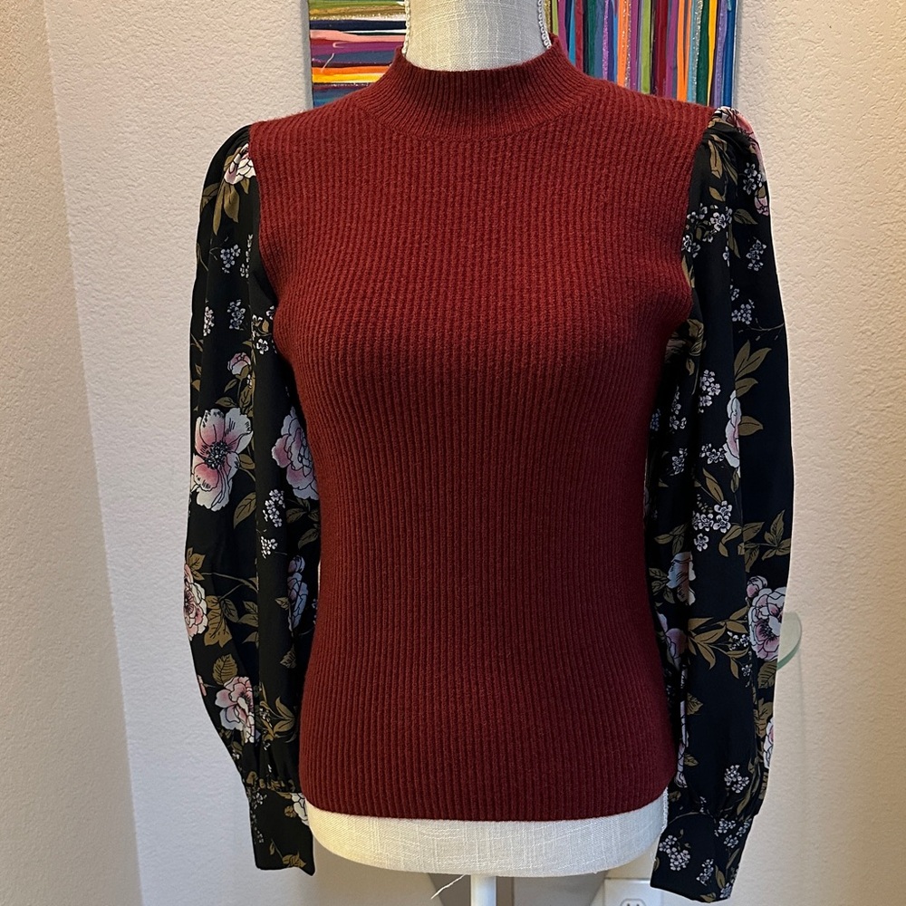 Burgundy Knit Top with Floral Sleeves